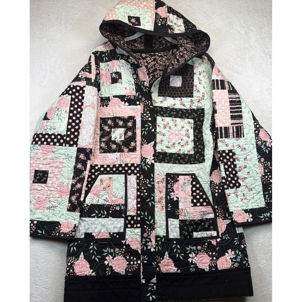 Handmade Quilted Patchwork Jacket Womens L Hooded Floral Boho Cottagecore Coat